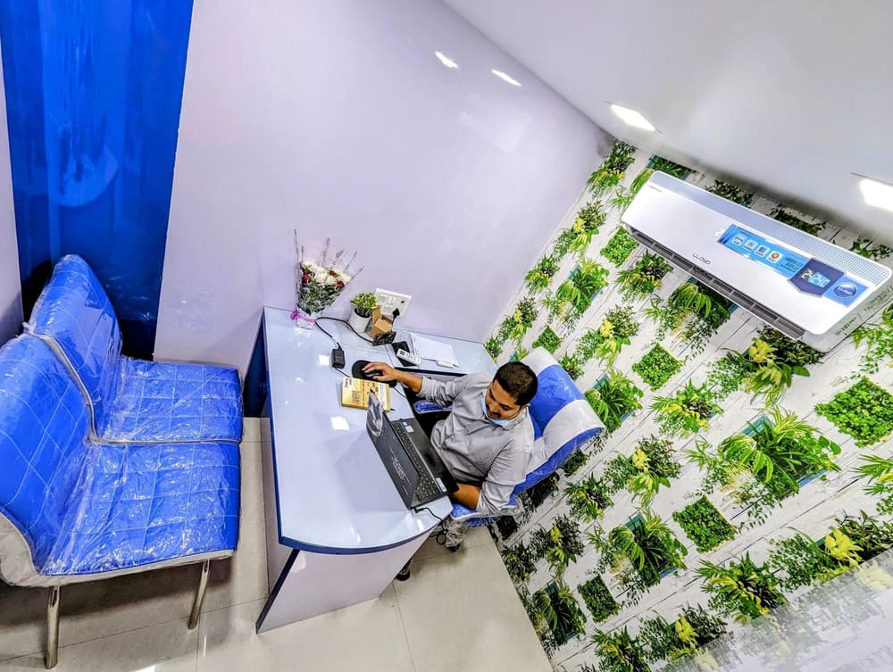 The consulting room with a desk and a green plant wall